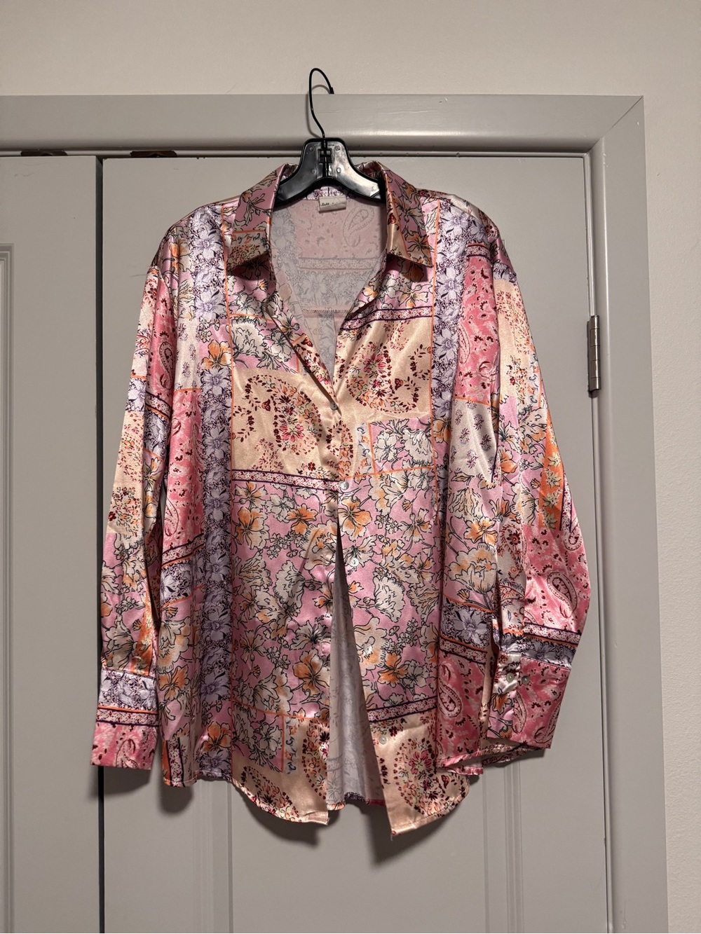 Silky Pink Paisley Patchwork Button-Down Shirt